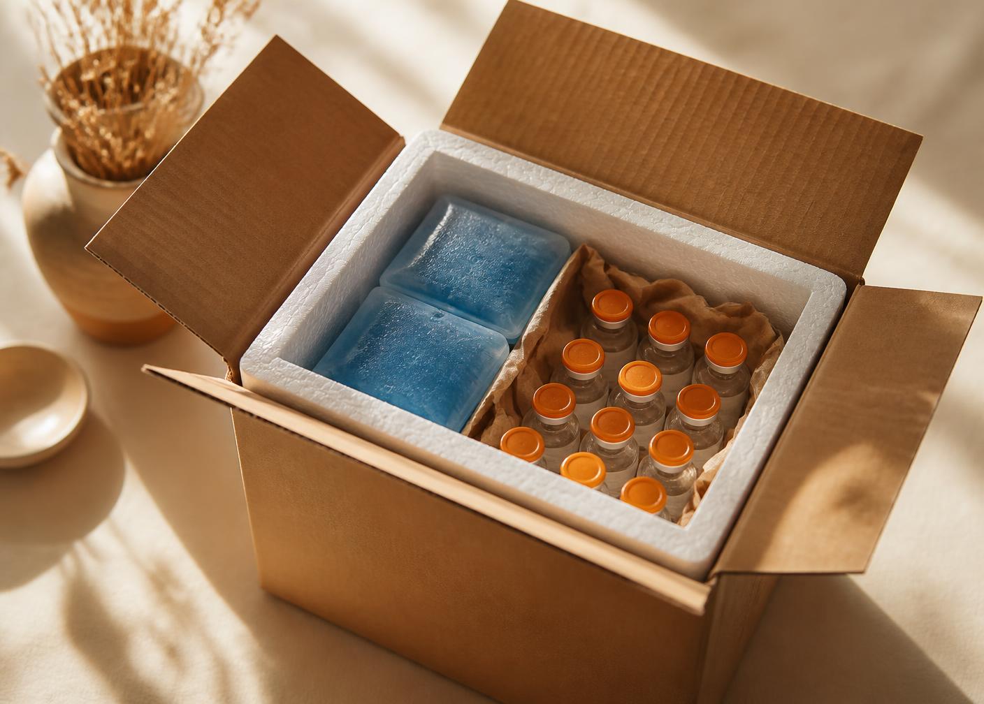 Caixa de envio discreta com isopor térmico, gelo reciclável e frascos protegidos